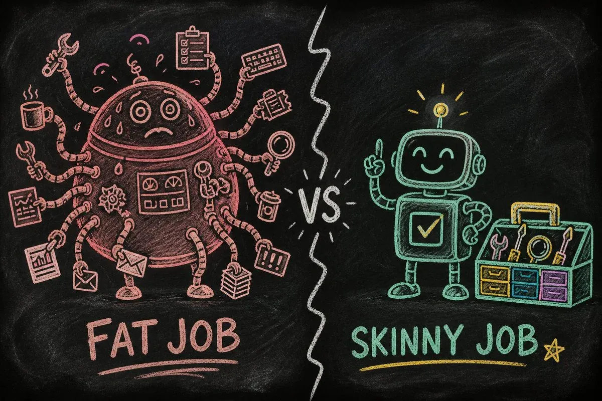 Fat Job versus Skinny Job: an overloaded multi-armed robot next to a calm one-task robot with a tidy toolbox