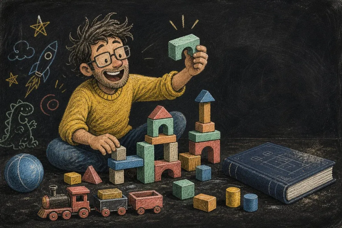 A person sitting on the floor happily building with colorful blocks, a blueprint book open beside them