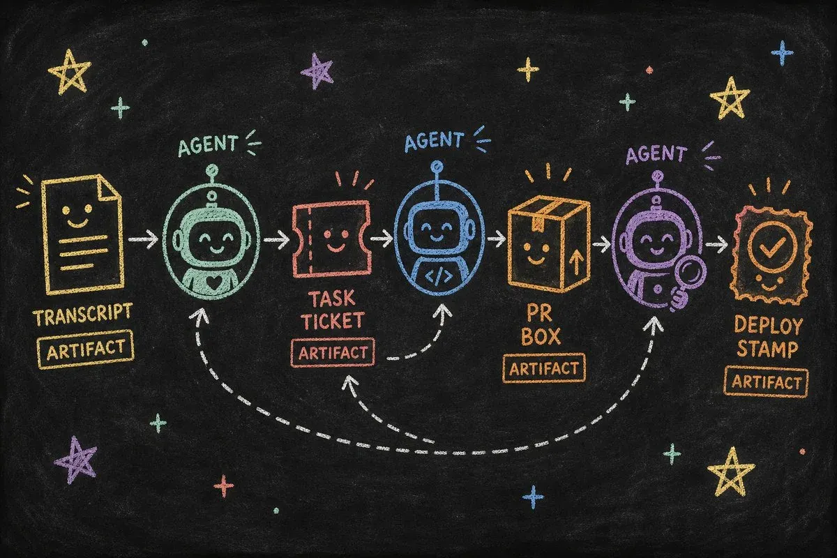 A chalkboard pipeline of artifacts and agents: transcript to task ticket to PR box to deploy stamp