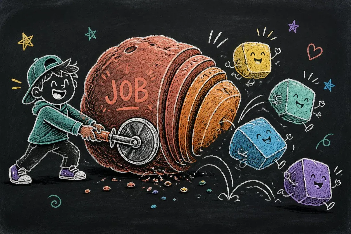 A person slicing a large JOB boulder into small smiling cube characters with a pizza cutter
