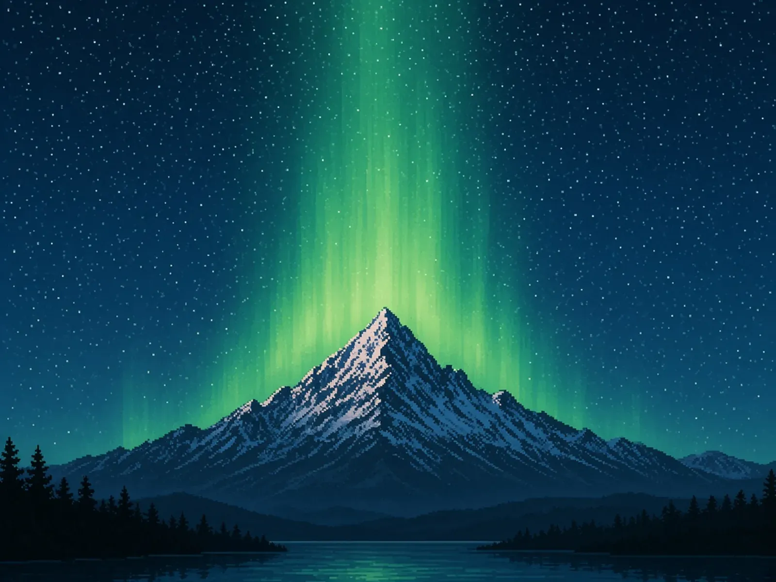 A lime-green aurora curtain falling behind a single snow-capped peak, pines on both shores and their reflection in the water, on a navy field