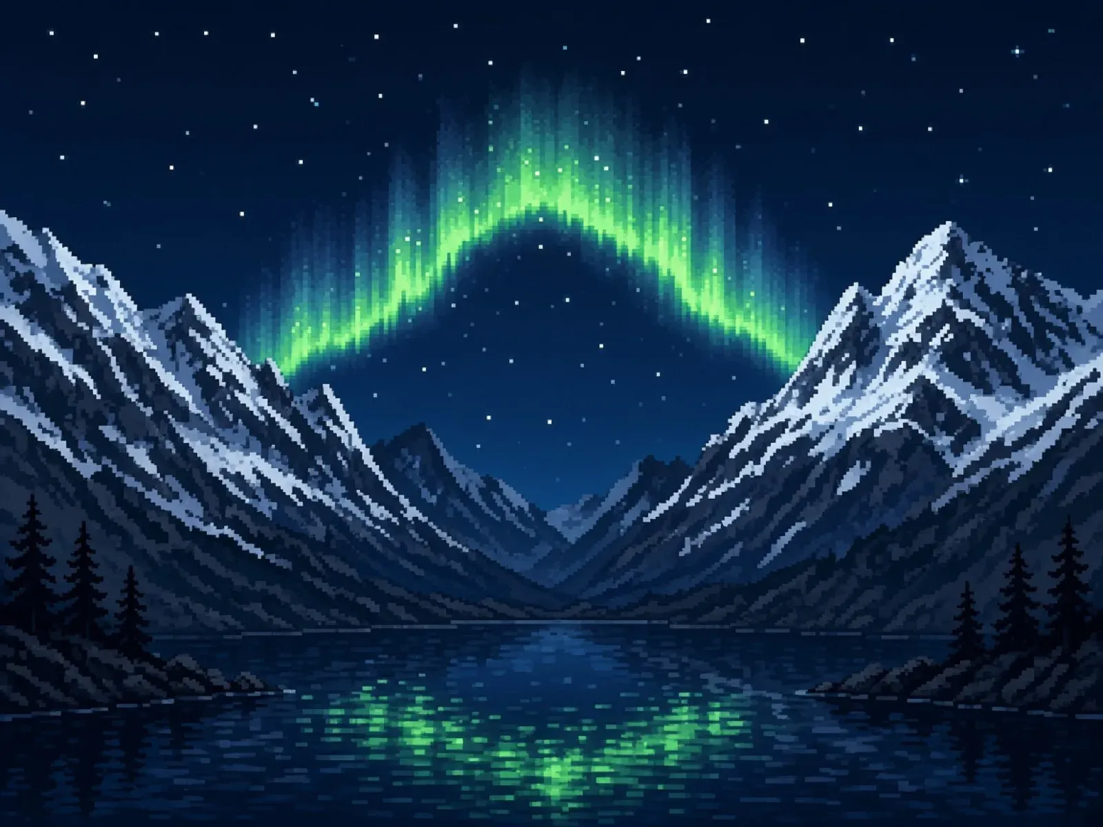 A lime-green aurora arching over a mountain pass, snowy peaks on both sides and the arch reflected in the water below, on a navy field