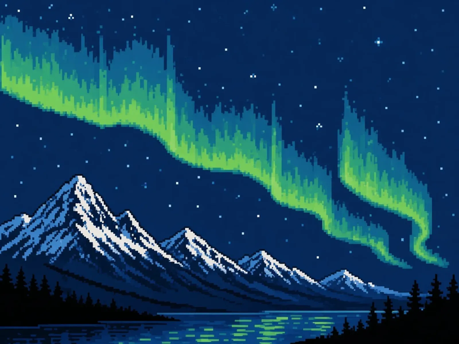 A lime-green aurora ribbon that splits into a second strand, over a tall snowy peak and a lower range stepping away, pines on the near shore, on a navy field
