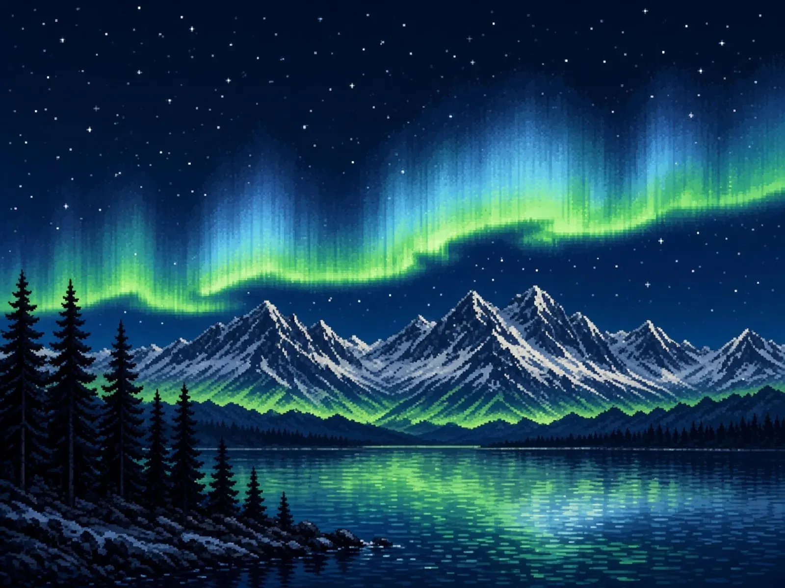 A lime-green and sky-blue aurora in a low wave over a snowy mountain range, pines on the near shore and their reflection in the water, on a navy field